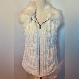Preloved Marc New York White Faux Fur Collar Vest Gold Zipper Women's Size Med.